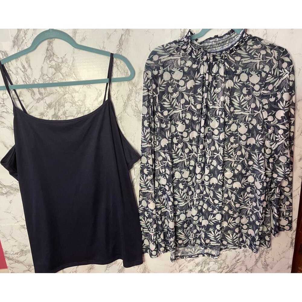Lane Bryant Womens Navy Floral Print Sheer Blouse With navy Camisole 18/20